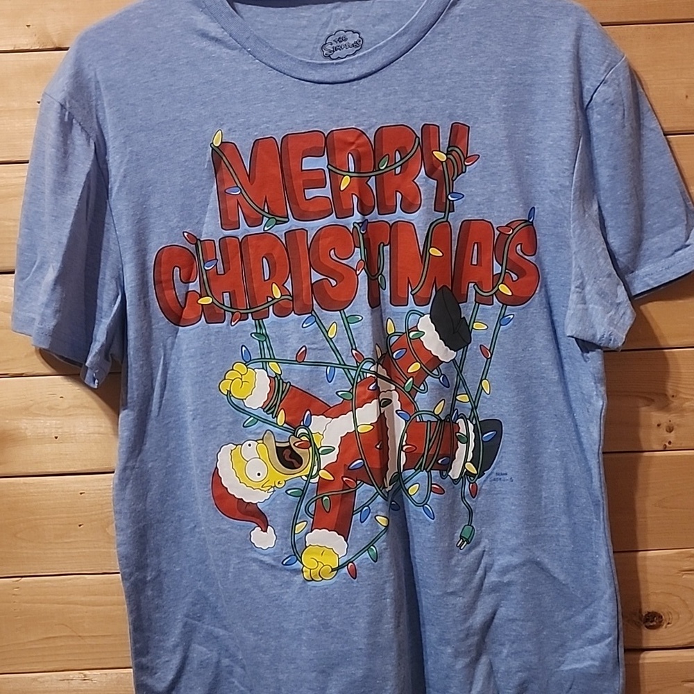 Merry Christmas Homer The Simpsons Blue T Shirt Size Medium Santa Lights Mens